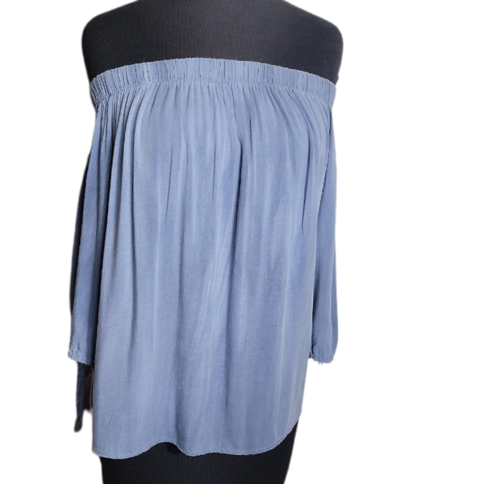 Polly & Esther blue off shoulder boho peasant blouse 3/4 sleeve women's medium